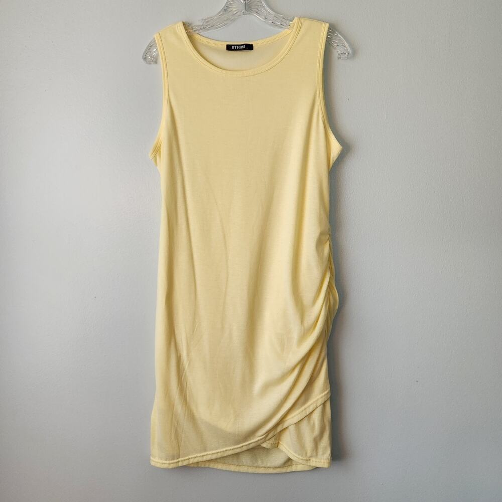 BTFBM TShirt Dress Womens L Butter Yellow Ruched Elevated Basic Casual Boho Chic